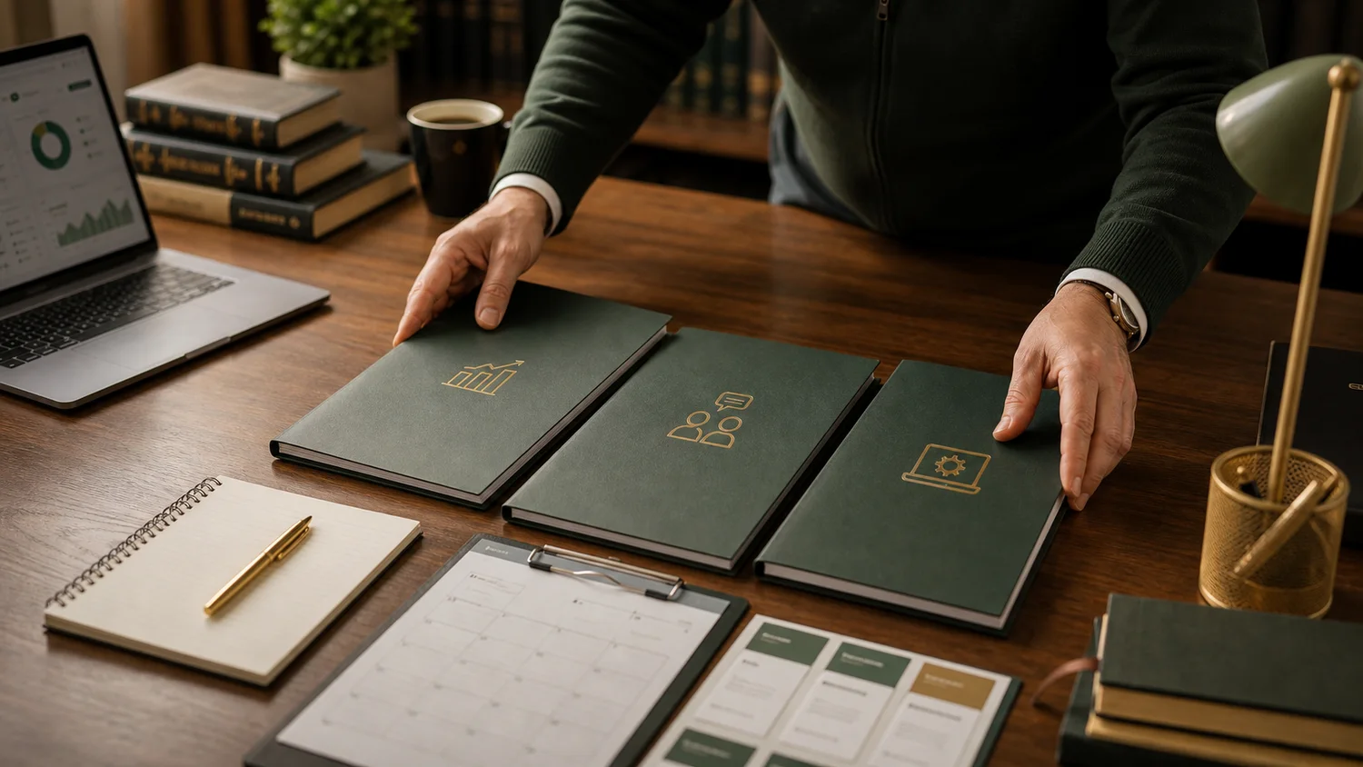 Hands laying out three gold-embossed programme folders beside a laptop showing a dashboard