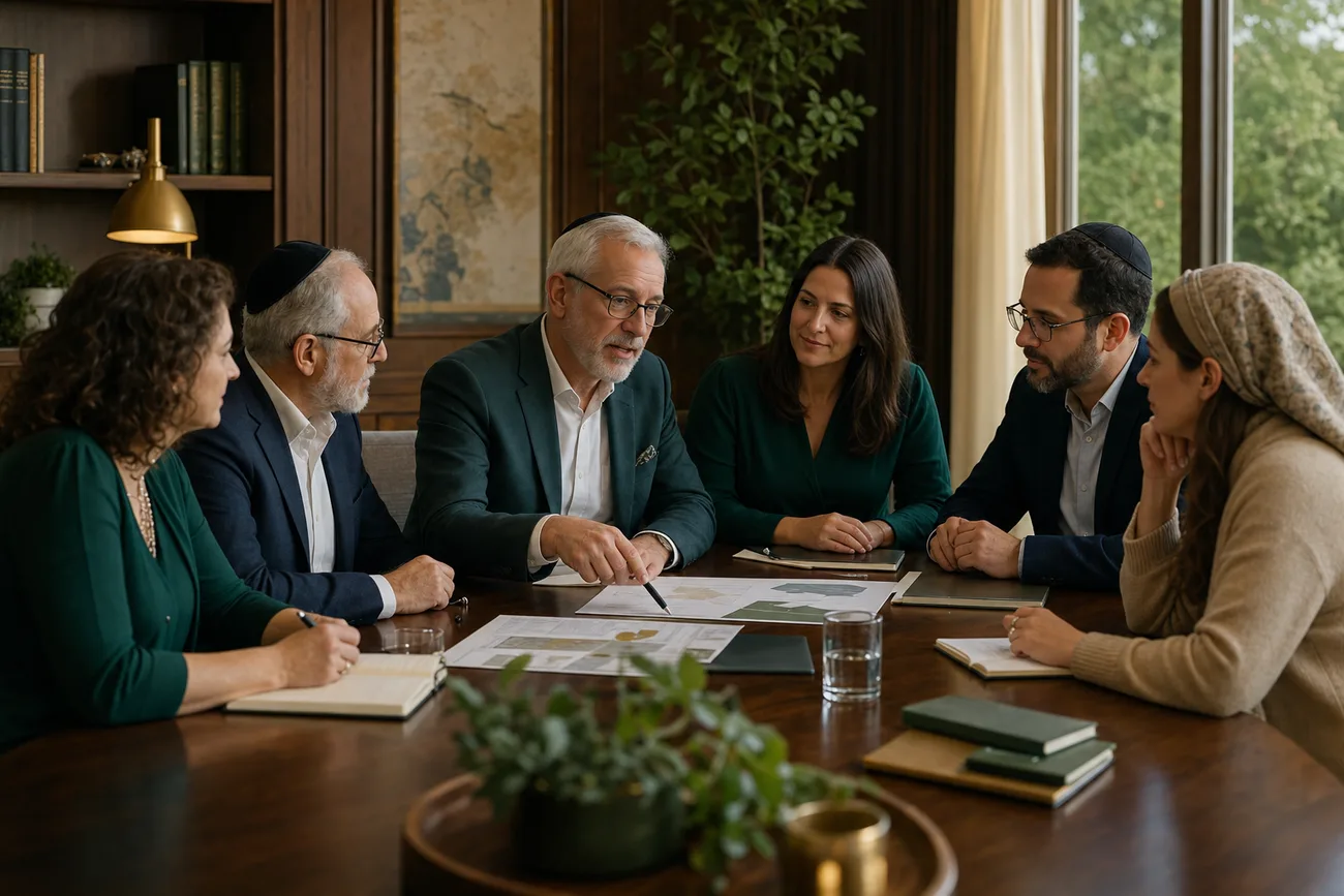 Six people in discussion around a boardroom table with printed plans between them