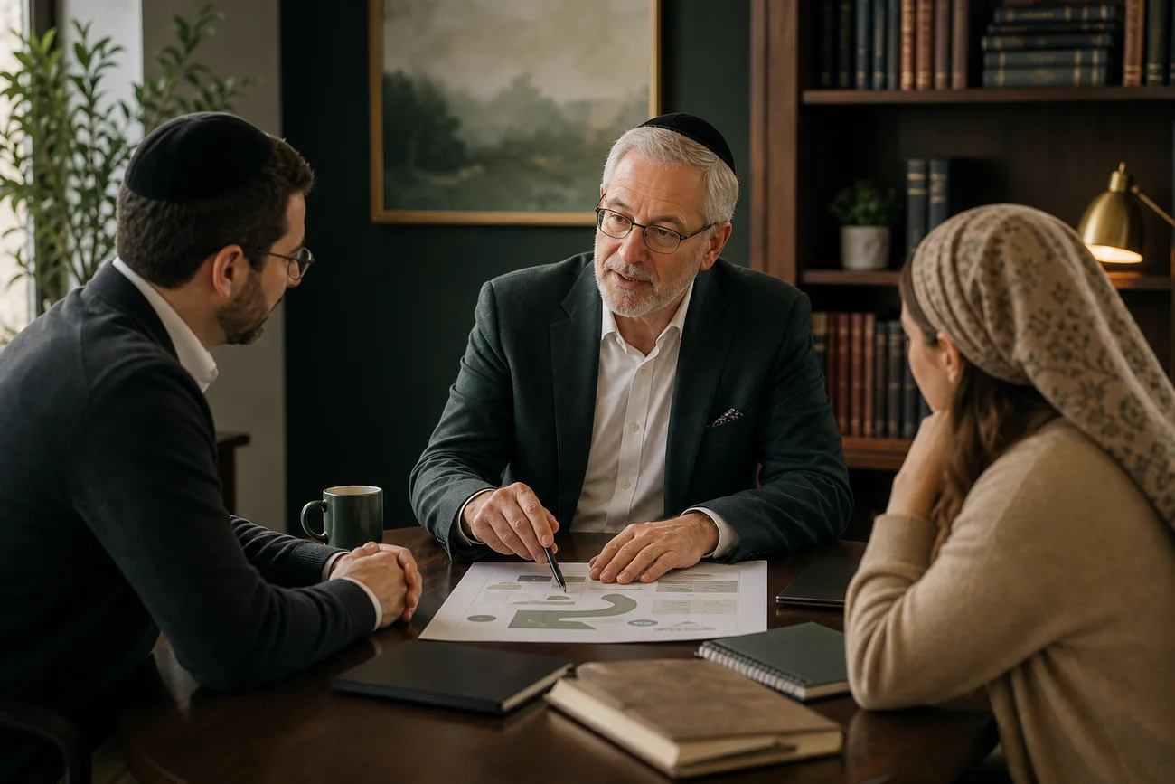 Three people reviewing a printed programme plan across a desk in a book-lined study