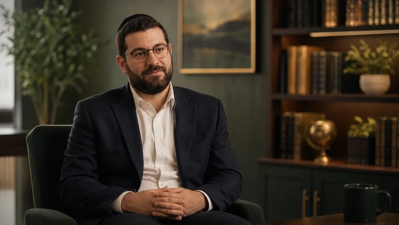 A rabbi seated in an armchair in a study, speaking to camera